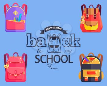 Back to my school black and white cartoon style sticker with inscription surrounded by bags. Vector illustration of backpack along with graphite pencil.