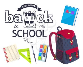 Back to my school black and white cartoon style sticker with inscription. Vector of backpack along with graphite pencil, brush with paints