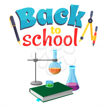 Back to school sticker with laboratory equipment isolated on white. Vector illustration of chemistry textbook, lab flasks, retort stand and stationery items