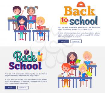 Back to school collection of posters with inscriptions isolated on white background. Vector illustration of boys and girl sitting at desks