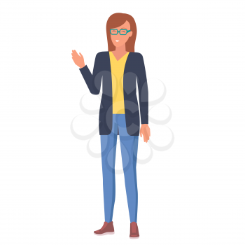 Woman in glasses, navy jacket, yellow shirt, jeans and leather boots stands, smiles and wave her hand. Friendly employee vector illustration.