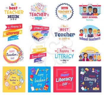 Literacy and teachers day stickers set with big signs, books in hardcover, male and female characters and stationery supplies vector illustrations.