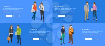 Students cartoon characters posters with man and woman back and front view with modern computer technologies vector illustrations with text on blue