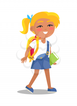 Blonde schoolgirl in uniform in blue and white colors with backpack and book in one hand isolated. Cartoon female character, first year pupil vector