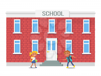 Boy and girl with backpacks running into school building vector illustration isolated on white. Vector illustration of children hurrying on study