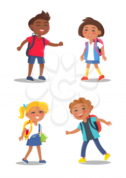 School children in stylish clothes with full rucksacks, educational books isolated vector illustrations set on white background. International pupils