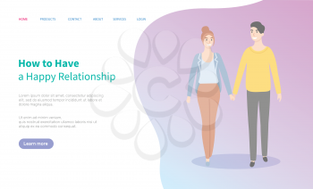 Going couple holding each other hand, portrait and full length view of smiling man and woman going together, how to have happy relationship vector. Website or webpage template, landing page flat style