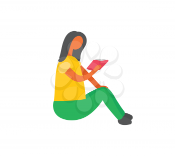 Woman sitting on floor and reading book. Vector isolated cartoon girl in flat style with textbook in hands. Female reader with open magazine, doodle design