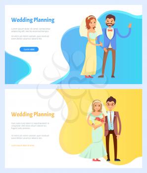 Wedding planning vector, bride and groom wearing special clothes for celebration of special day. Lady holding bouquet in hands, male cuddling woman. Website or webpage template, landing page flat style
