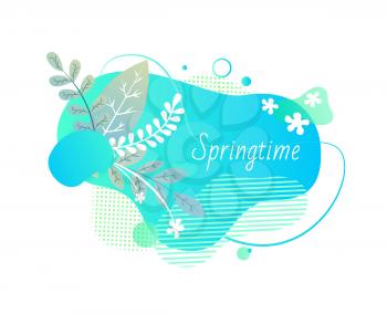 Springtime vector, isolated banner with branch and flowers, floral elements and decoration of poster with inscription, foliage and flora blooming