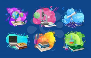 School disciplines vector, set of banners with mathematics and chemistry, coding and biology, astronomy and geography, telescope and microscope devices, science objects