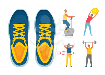 Weight loss of people isolated icons set. Sneakers and sporty man and woman, ball and dumbbell, boy on exercise bike, girl turning hoop, sport vector