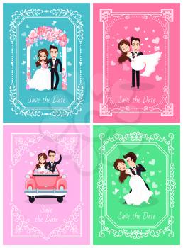 Save the date wedding postcard decorated by groom and bride, wedding ceremony, newlyweds characters set, memory valentine card, happy couple vector