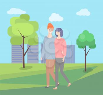 Man and woman walking together vector couple in green city park on background of skyscrapers. Girlfriend and boyfriend in casual cloth, people together