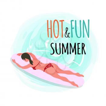 Hot and fun summer emblem, woman swimming on surfboard isolated on blue sea waters. Vector surfboarder relaxing on summer resort, rest on inflatable mattress
