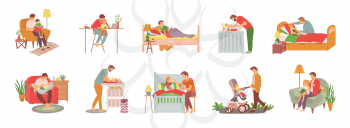 Parent with child vector, man reading book to daughter before sleep, walking kid in perambulator, feeding newborn baby and caring for offsprings set, family concept