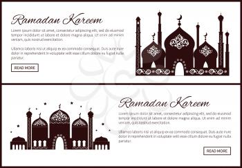 Ramadan Kareem set of web sites with Mosque and text sample, place of worship for Muslims with arabic ornaments on elaborate domes, minarets vector
