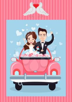 Newlyweds standing in retro auto with flowers, portrait view of man and woman waving hands, groom holding bride, doves with heart, valentine card vector