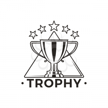 Trophy cup with stars above monochrome emblem. Award for perfect performance at competition. Honorable reward black logo isolated vector illustration.