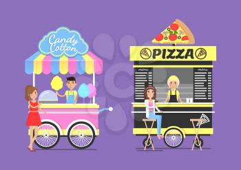 Sweet cotton candy tasty pizza street carts. Delicious fast food from van trolleys. Mobile outdoor shops, vendors and buyers vector illustration isolated
