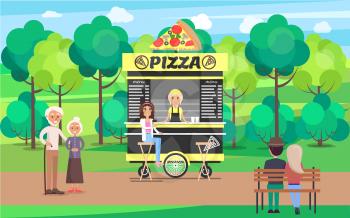 Delicious pizza street cart vendor at parkland. Mobile snack pizzas cafe. Fast food shop with seller in city park vector on background of green leaves