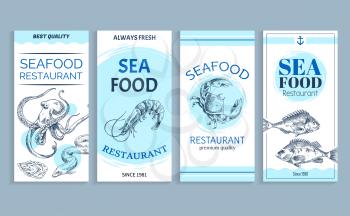 Seafood restaurant banner set with marine products. Squid and shellfish, electric eel and bream, shrimp and crab vector illustration on white tint.