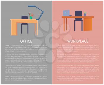 Empty office workplace with table, plastic chair, laptop and stationery pens and pencils on desktop vector illustration isolated on color, flat style