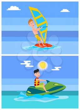 Summer sport collection, winsurfing or jet ski, boys active lifestyle, clouds in sky, sun and summertime, adventures isolated on vector illustration.