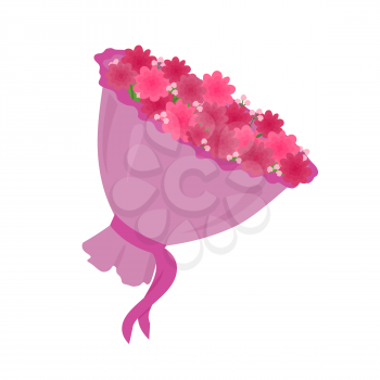 Luxury big bouquet with pink spring flowers vector illustration of blossoming plants in decorative wrapping with silk ribbon isolated on white background