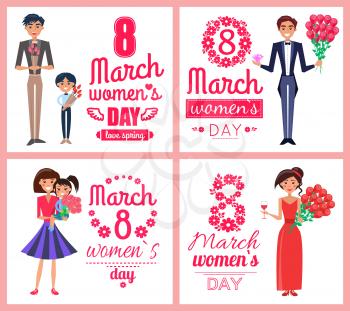 8 March womens day, love spring, set of posters with men and presents, diamond and flowers, ladies with smile on faces isolated on vector illustration