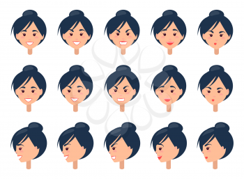 Set of different emotions on cute female face vector illustration with cheerful angry kissing and surprised portraits in various angles white backdrop