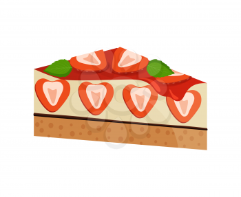 Piece of strawberry cake covered with sweet jam and green mint leaves on top, stuffed with natural berries isolated cartoon flat vector illustration.