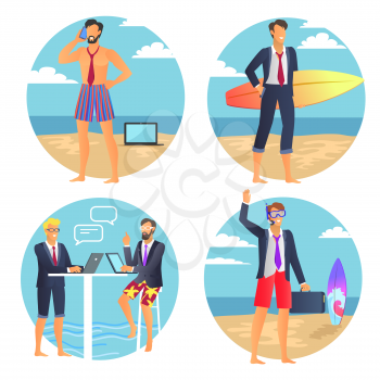 Business summer poster, businessman with suitcase, people chatting near laptop, man talking on phone, seaside and sand isolated on vector illustration