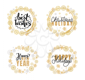 Best wishes, Happy New Year and merry Christmas winter holidays inscriptions, greeting cards design. Lettering font signs, doodles in wreath of snowflake