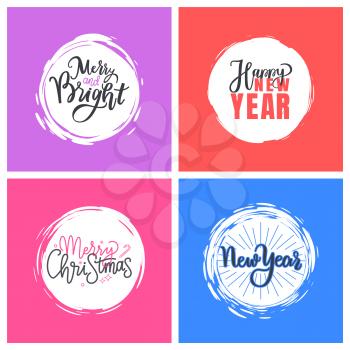 Merry Christmas, Holly Jolly quote, happy holidays and New Year, joy greeting cards design, lettering font, stars and snowflakes. Inscriptions in color frames backgrounds