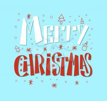 Merry Christmas red white lettering text isolated on blue, New Year holidays congratulations vector. Inscription with snowflakes and fir trees icons, line art
