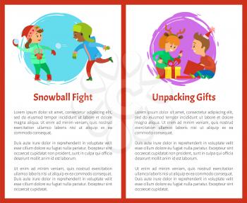 Snowball fights and unpacking gifts postcards. Christmas holidays, children opening presents. Boy and girl playing with snow outdoors vector posters