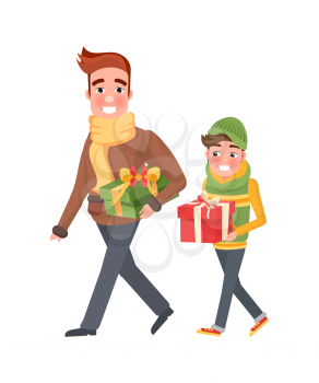 Father and boy with wrapped gift boxes and packages presents. Cartoon style male, customers isolated. Dad and son do shopping together, isolated vector