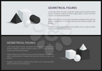Geometrical figures and text sample, cube and square pyramid, sphere and cylinder, geometrical figures set, vector illustration isolated on black