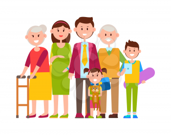 Family together big poster, banner with people of dierent ages, kid with cat, teenager with tablet, pregnant woman isolated on vector illustration