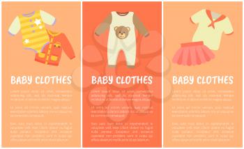 Baby clothes three banners, vector illustration with little children clothes, baby suits and shirt with car, pink skirt and white t-shirt, text sample
