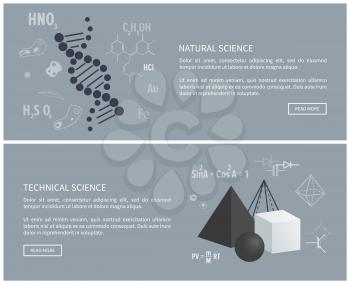 Natural and technical science, posters with subjects for education, science and web site with information and images isolated on vector illustration