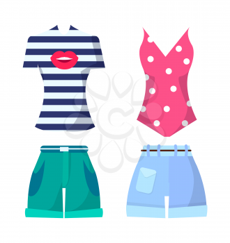 Clothes set summer mode, poster t-shirt with print of kiss, top with polka dot pattern and shorts, summer mode vector illustration isolated on white