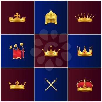 Golden medieval symbols 3d icons set. Gold crown with gems, knight helmet, crossed shiny swords and trumpets with flags realistic vector isolated on colorful background
