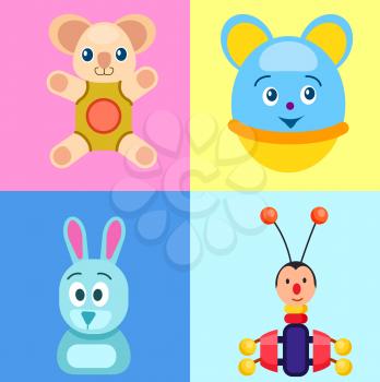 Children toys on colorful backgrounds vector poster. Teddy bear in clothes, animal smiling head in round shape, blue rabbit and bug