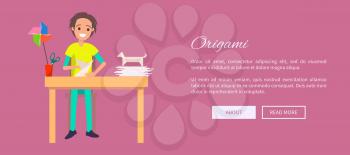 Origami web site and text sample buttons and person creating origami figures from paper hobby and male vector illustration isolated on pink background