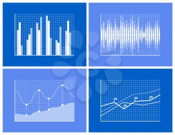Graphical charts collection with lines and squares, dots and data, visualisation of graphical charts, vector illustration isolated on blue background