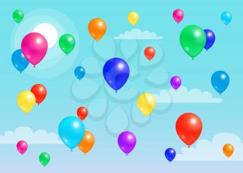 Colorful balloons flying in blue sky, rubber balloon with helium among clouds in endless skyline vector illustration background with flying toy objects