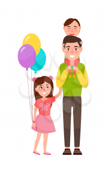 Father and children, poster with family time, father and beloved children, daughter holds balloons wearing dress with butterfly, vector illustration