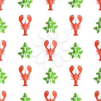 Cryafish and parsley, seamless pattern with craysfish and parsley, seafood and icons collection, vector illustration isolated on white background